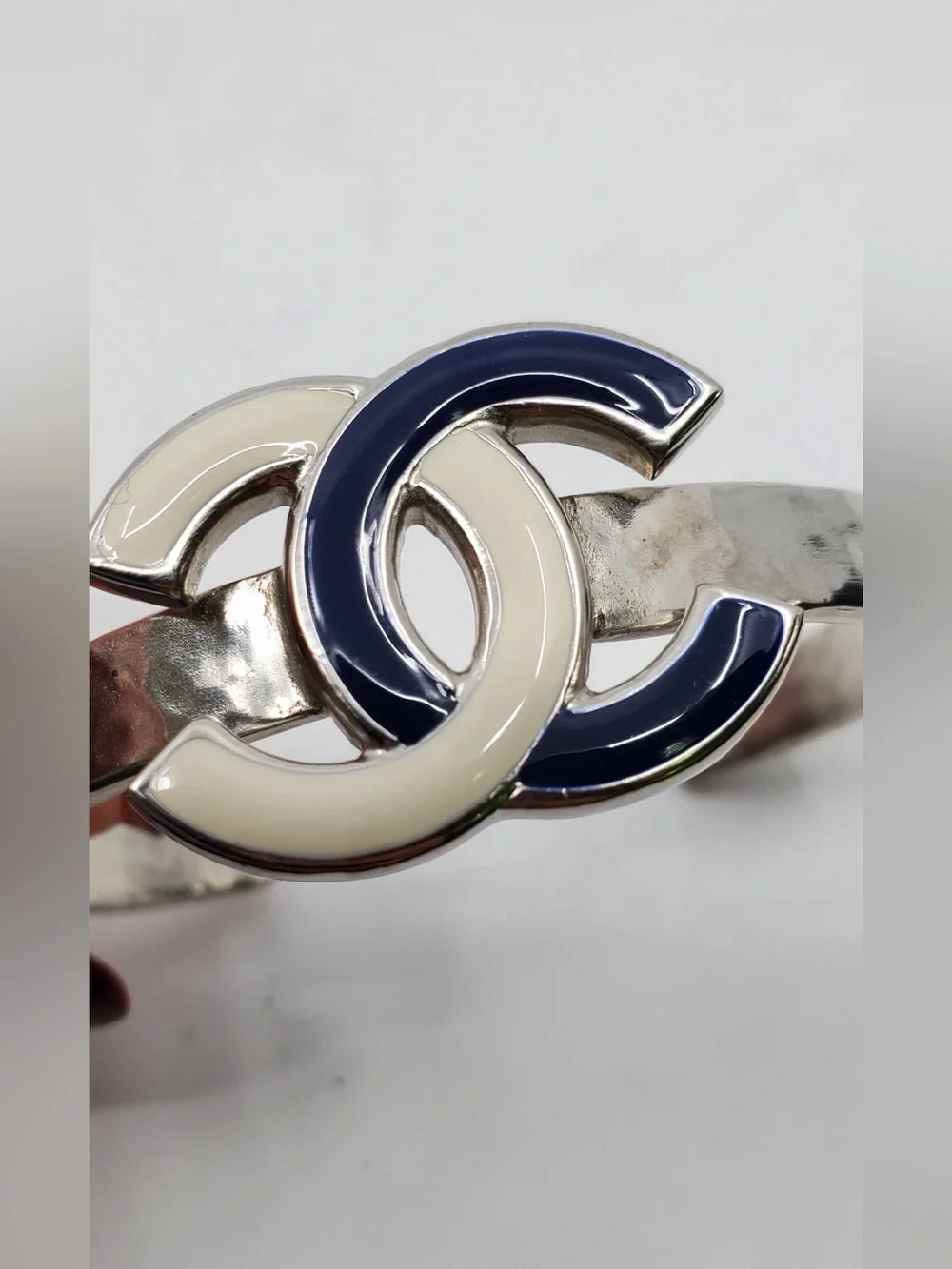 Chanel B15 Hammered Silver Tone Enamel CC Cuff Bracelet